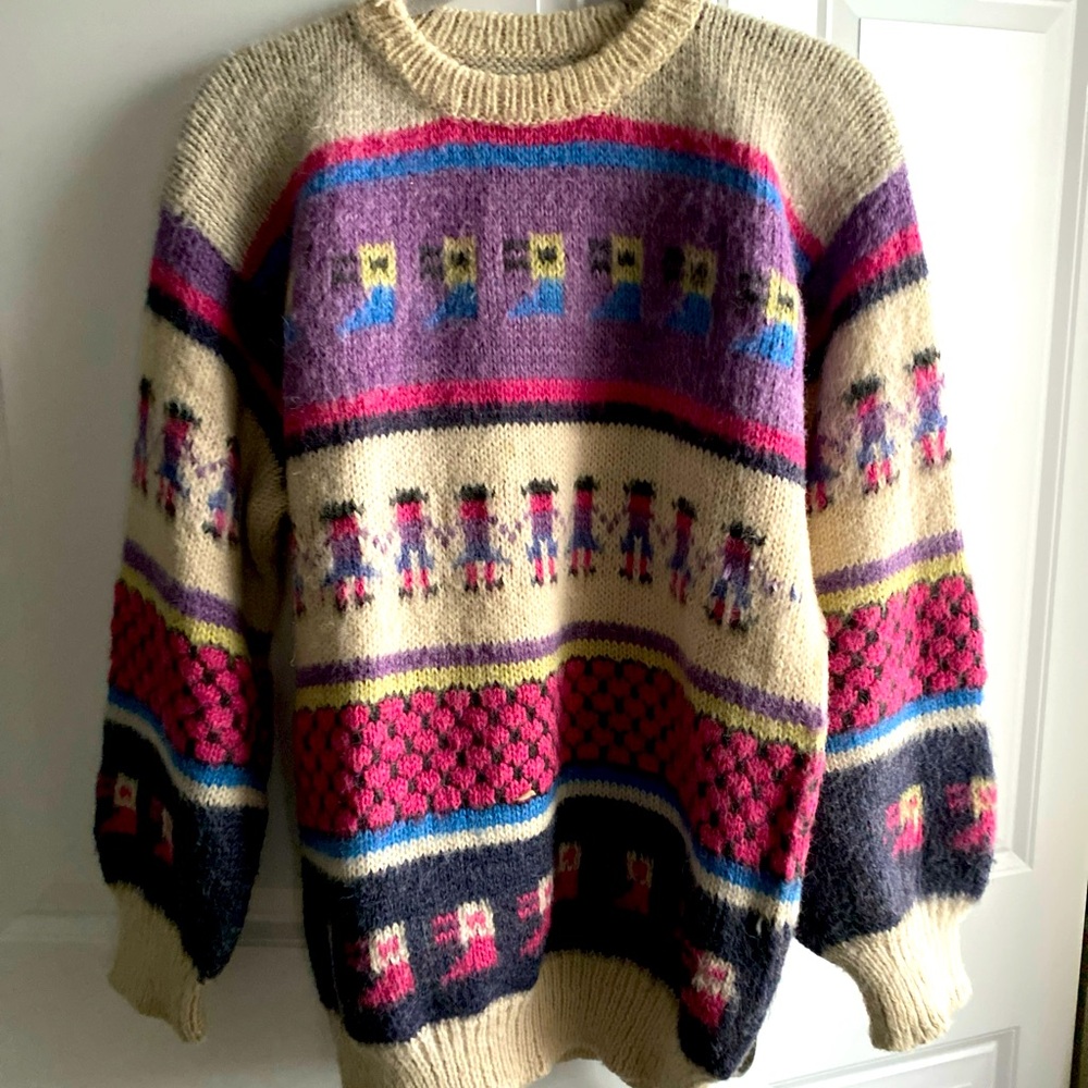Vintage 80s Peruvian Alpaca Folk Hand Knit Sweater Llama Peru Large Adult‎